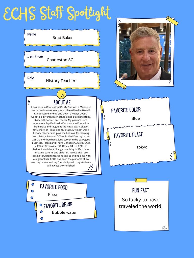 Brad Baker is a history teacher at East Carteret. In this graphic, he shares that his favorite place is Tokyo and his favorite color is Blue.