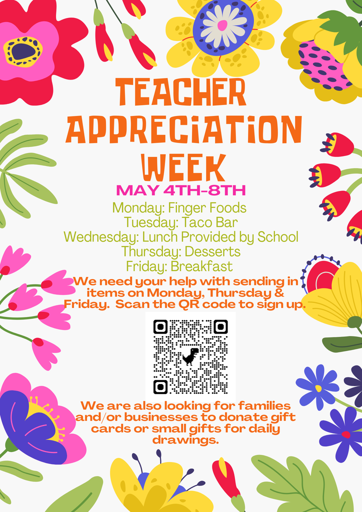 Teacher Appreciation Week is just around the corner, and we have some wonderful plans in place to celebrate our staff!  We would love your support in providing food for our teachers on Monday, Thursday, and Friday. If you’re able to help, please sign up here: https://www.signupgenius.com/go/805044CABA823AAFF2-63531855-teacher#/  We are also seeking donations of gift cards or small items from families and local businesses for daily drawings. If you would like to contribute, please contact the office at 252-225-3961 or drop off your donation.  Thank you for helping us make this week special for our staff!