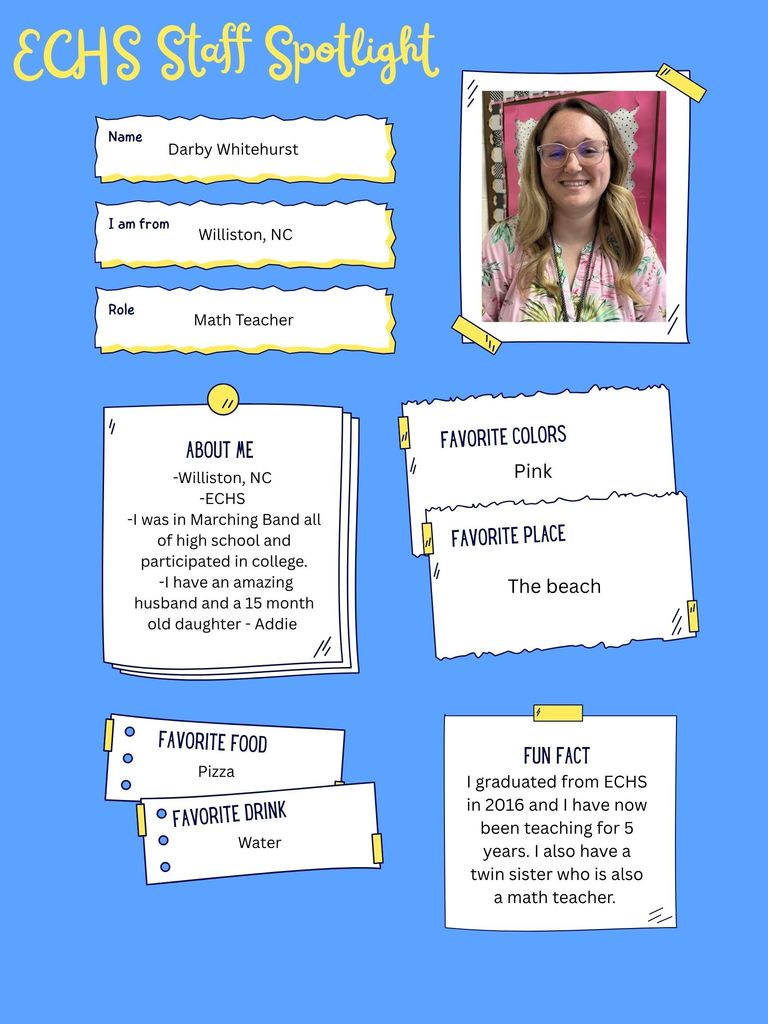 This graphic shows a picture of Darby Whitehurst. Her favorite place is the beach and her favorite food is Pizza.