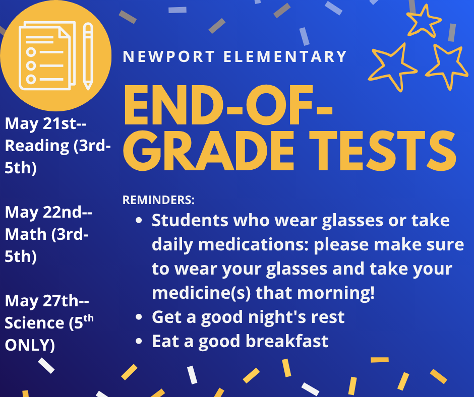 blue background with white and yellow letters notifying of testing dates; stars and confetti are on the background