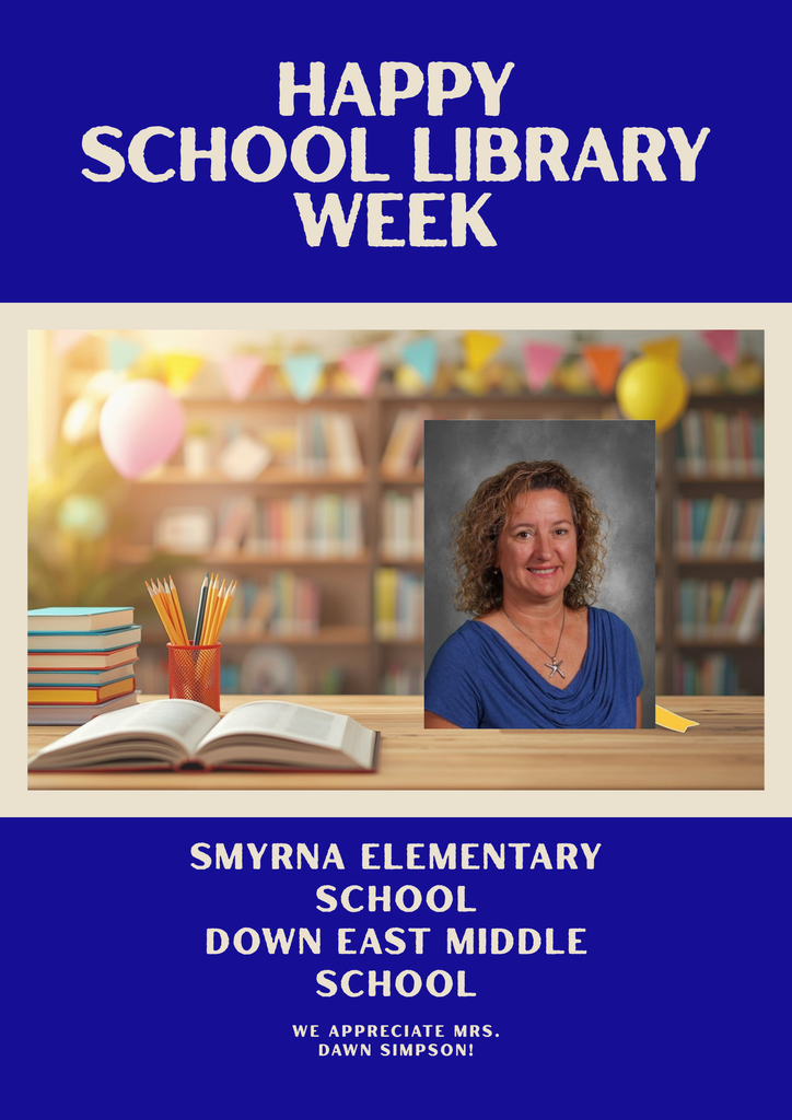 Photo for National School Library Week depicting our media coordinator at SES and DEMS