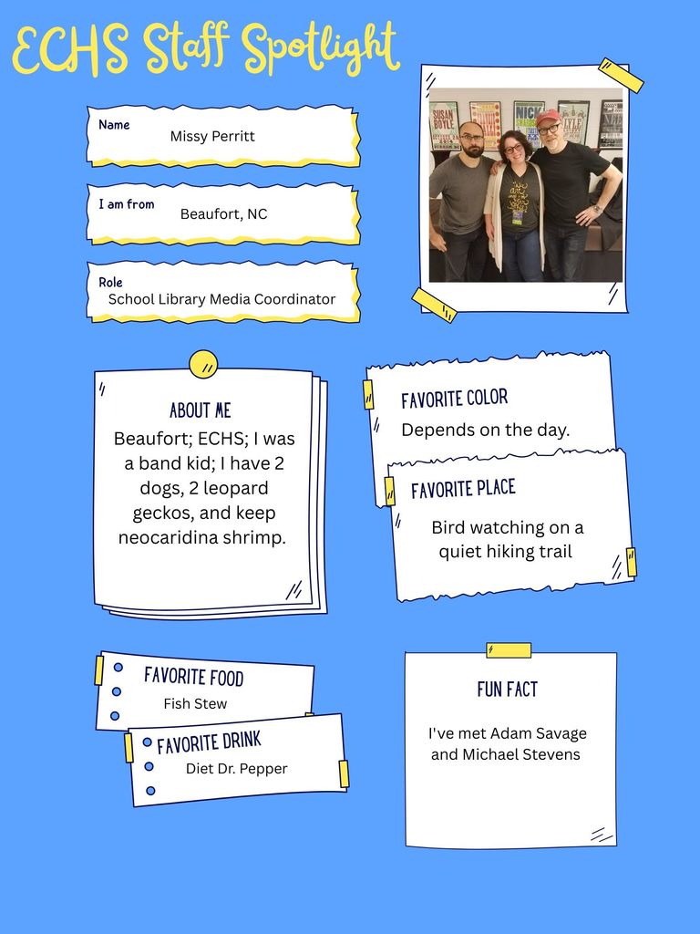Graphic with information about Library Media Specialist, Missy Perritt.