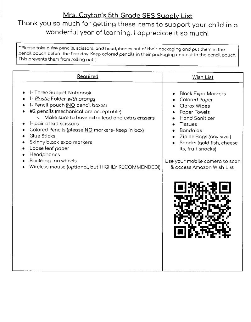 5th grade supply list