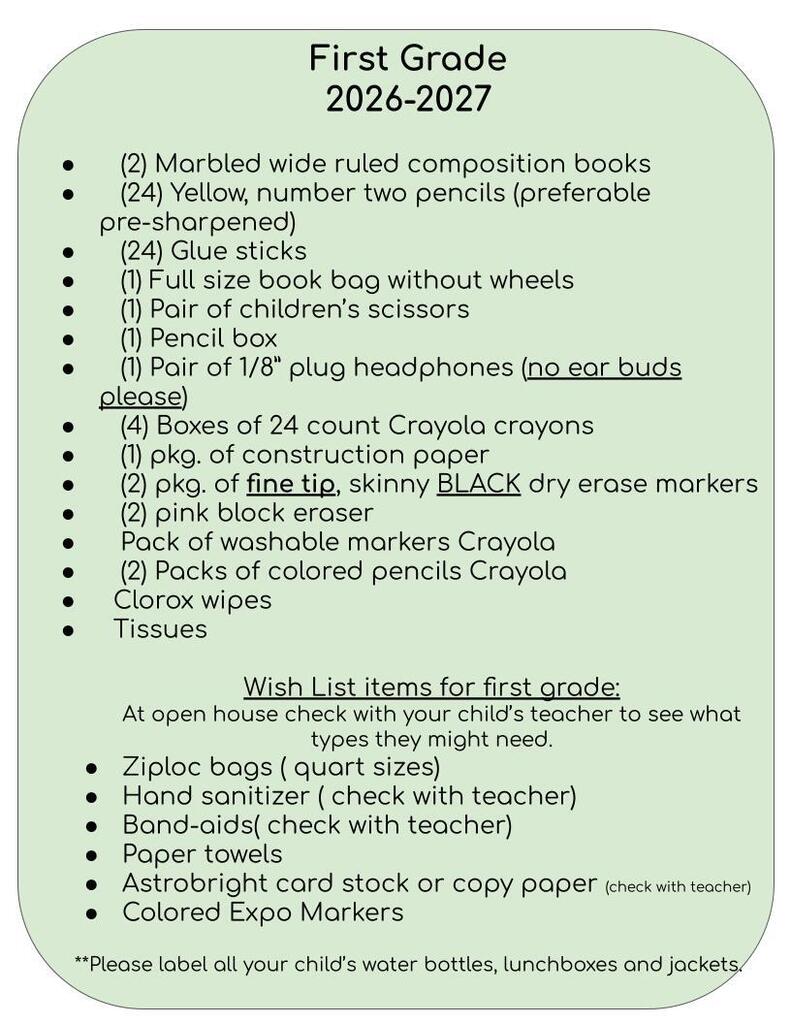 School Supply List 1st grade