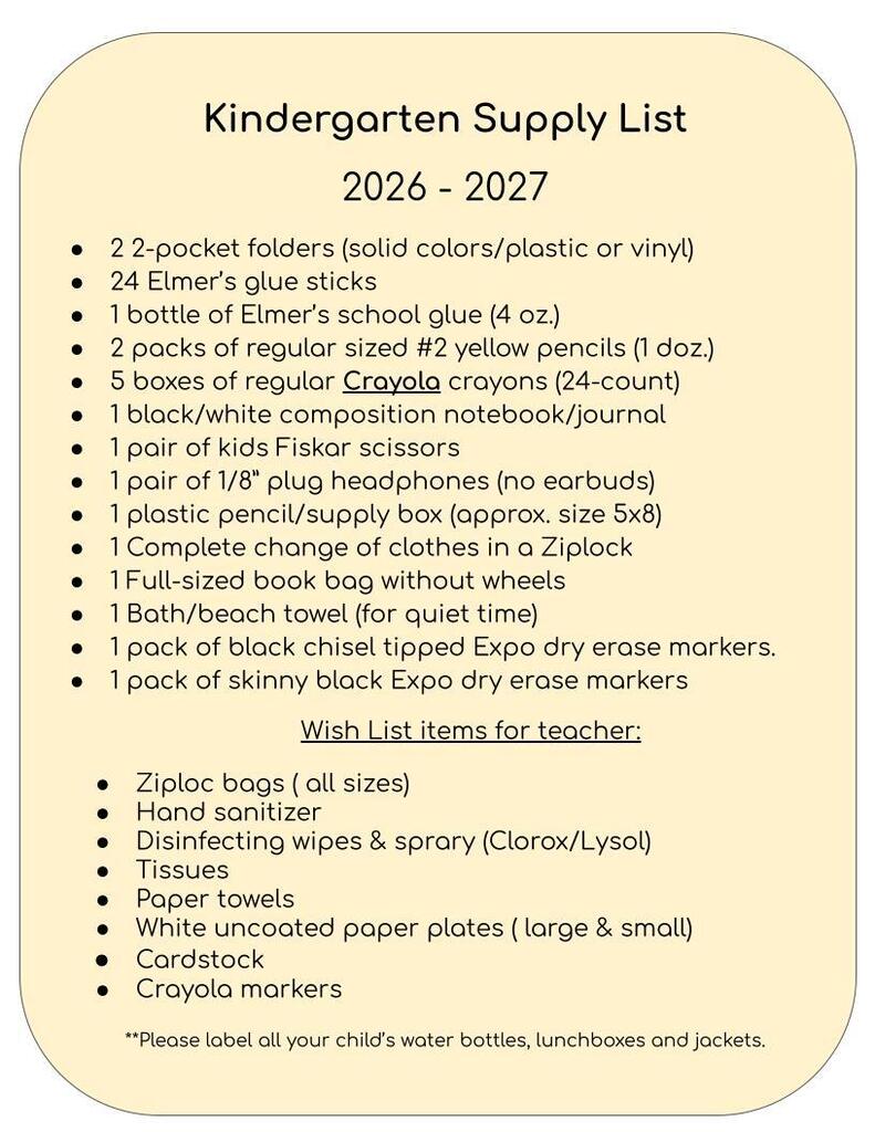 School Supply List Kindergarten