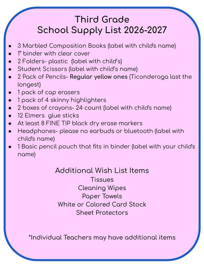 School Supply List 3rd grade