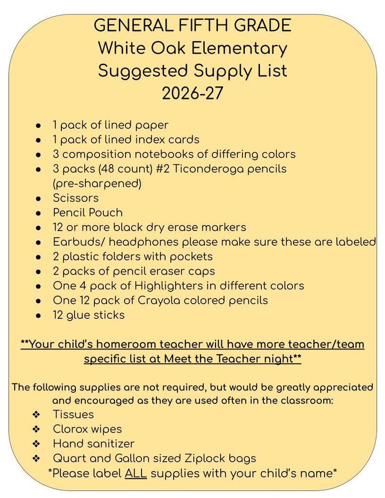 School Supply List 5th grade