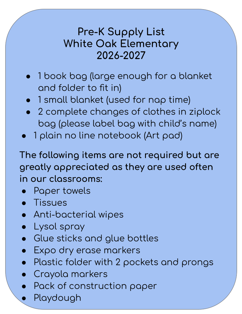 School Supply List Pre-K
