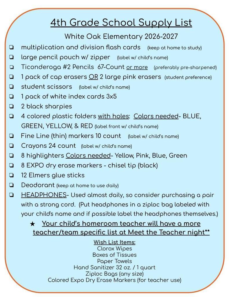 School Supply List 4th grade
