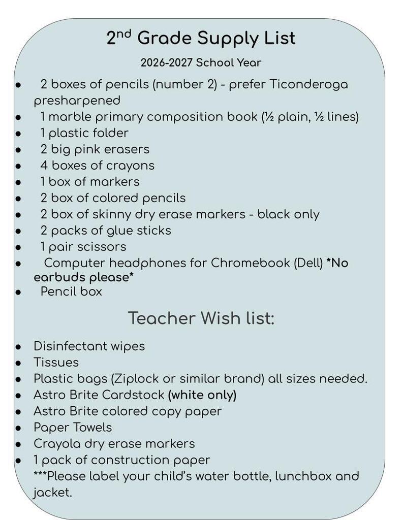 School Supply List 2nd grade