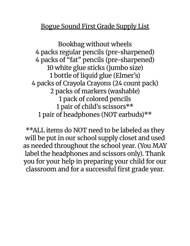 1st supply list