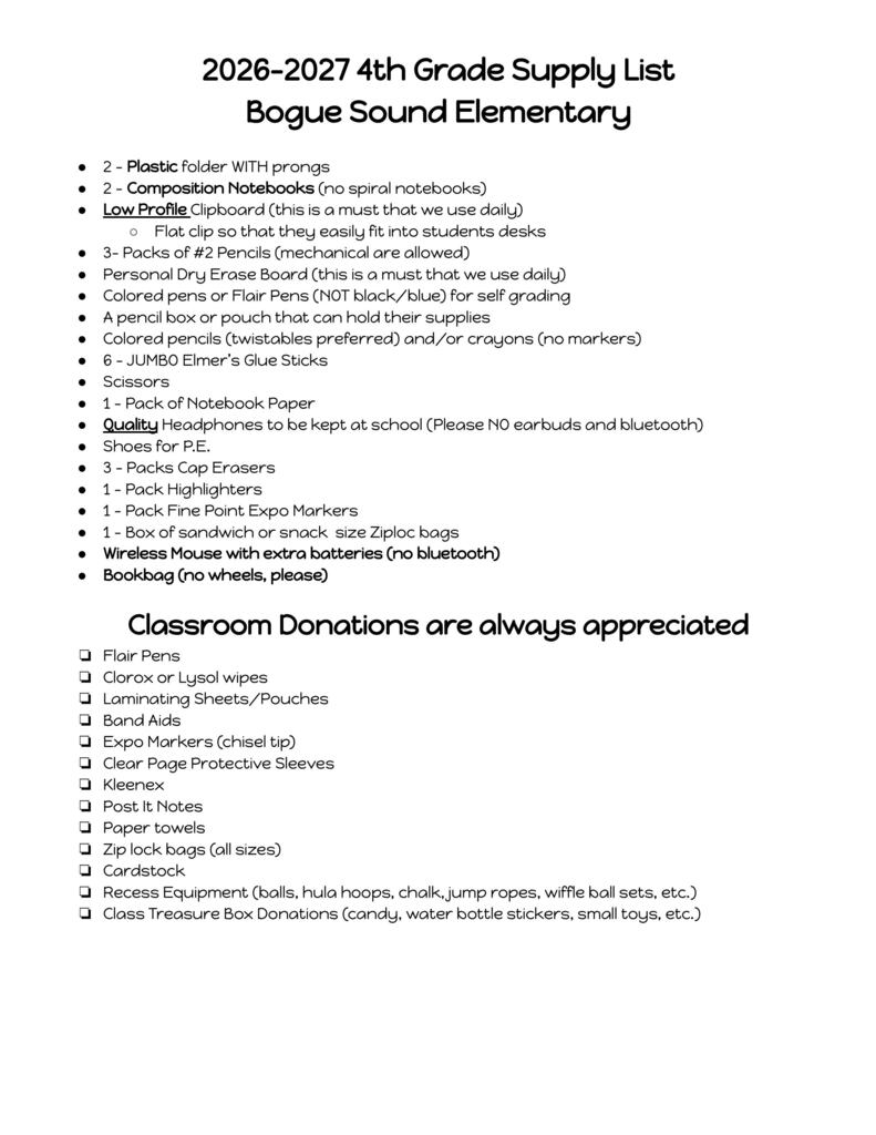 4th supply list