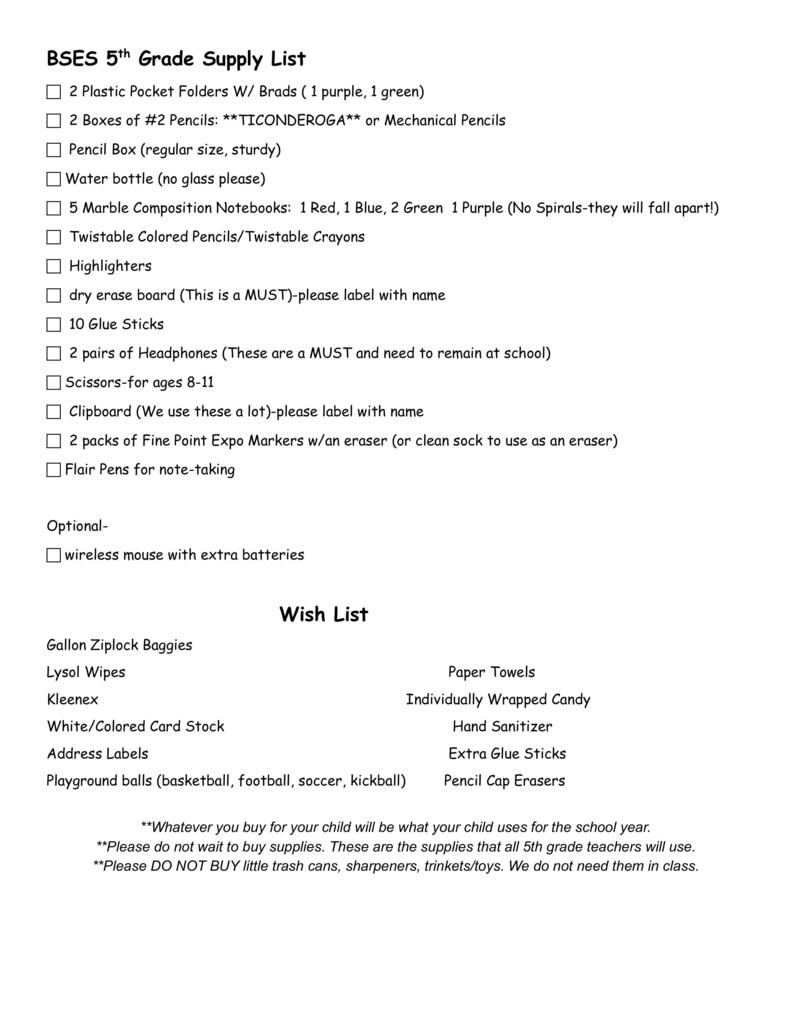 5th grade supply list