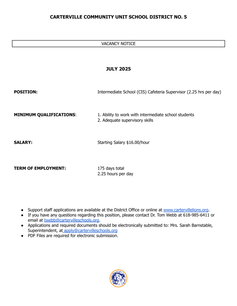 Vacancy Notice CIS Cafeteria Supervisor July 2025 