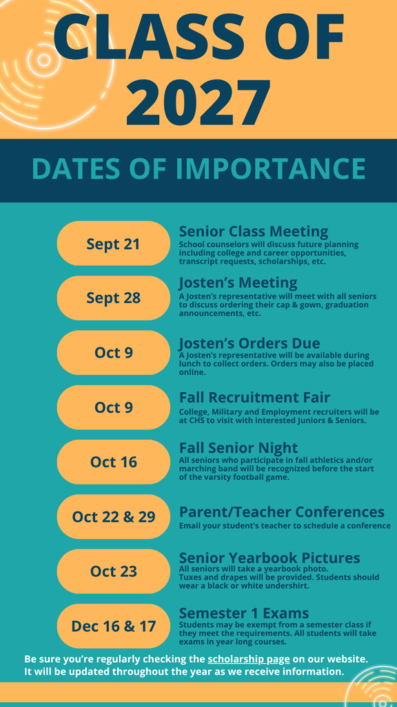 1st Semester Dates of Importance for Seniors