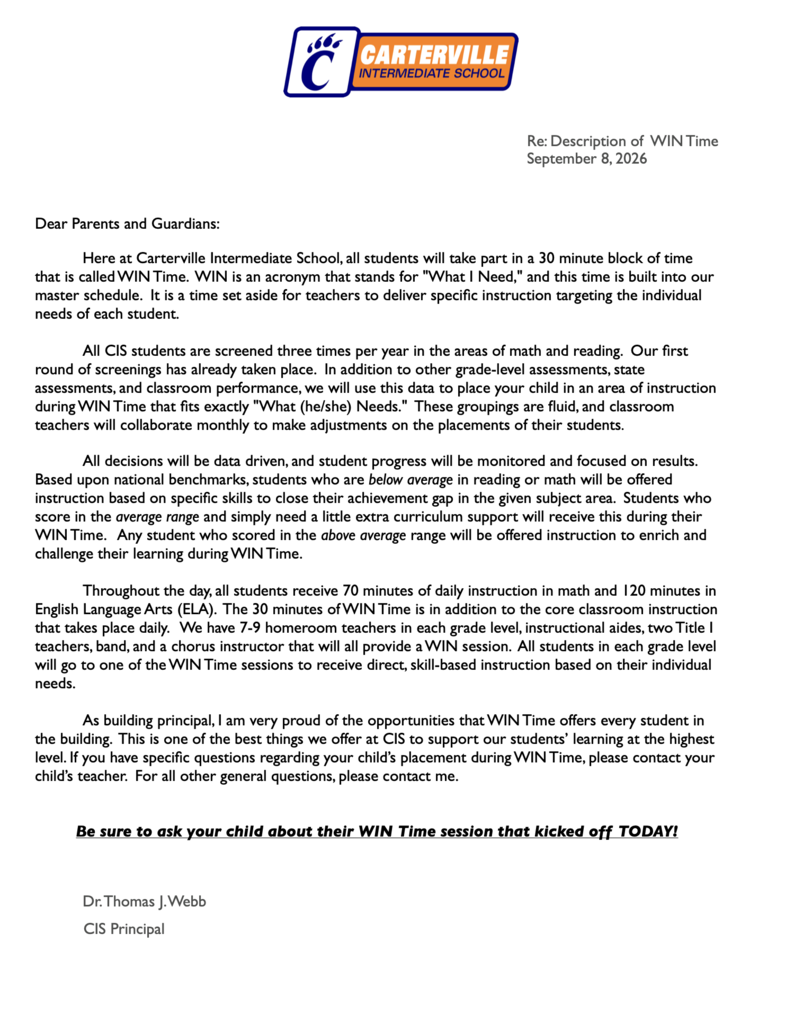 WIN Time Parent Letter