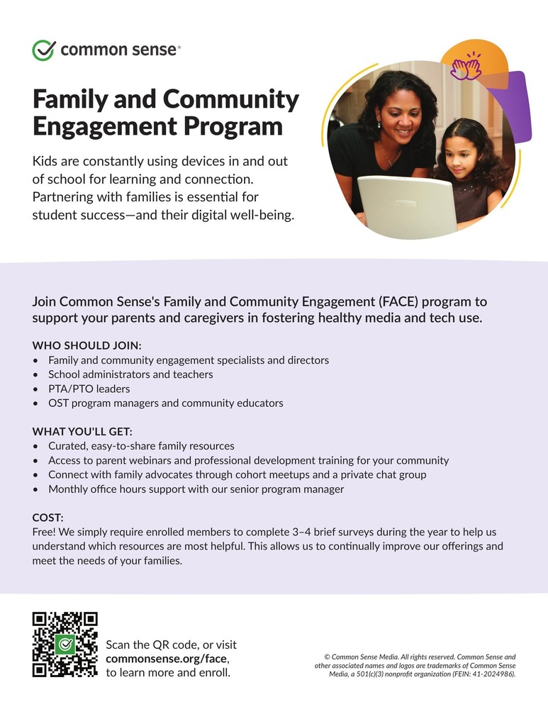 Flyer from Common Sense Media promoting the Family and Community Engagement FACE program. The flyer shows a caregiver and child using a laptop together and explains that schools can join the free FACE program to access family tech resources, parent webinars, professional development, and community support to help families build healthy digital habits.
