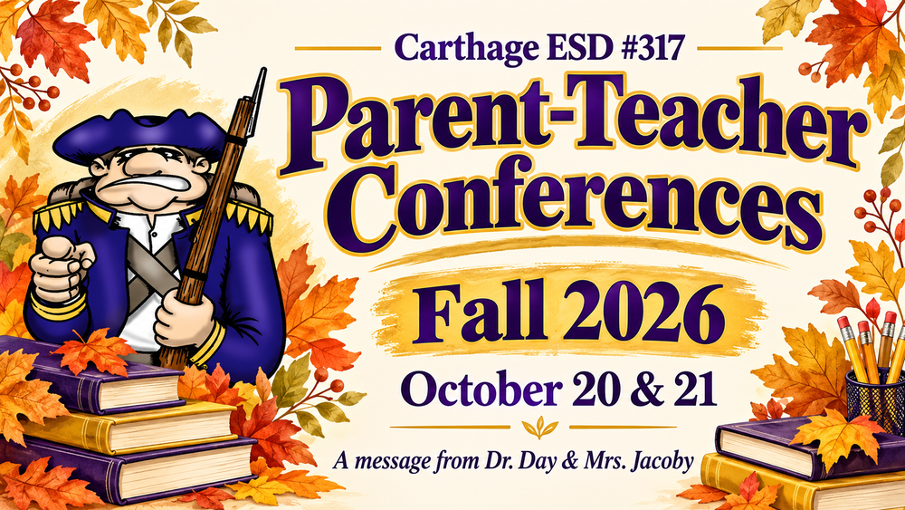 fall-themed feature image with your district mascot, purple and gold colors, conference dates,