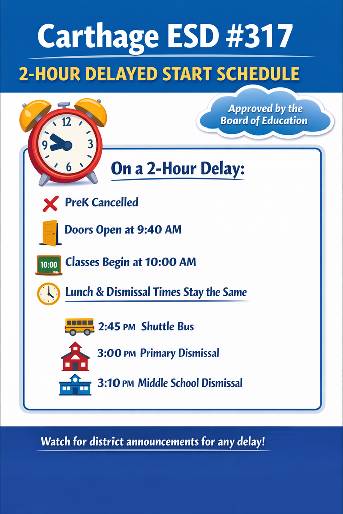 A blue and white informational school flyer for Carthage ESD #317 announces a “2-Hour Delayed Start Schedule,” approved by the Board of Education. The flyer features a large alarm clock graphic and a checklist explaining the delayed start procedures. It states that PreK is canceled, school doors open at 9:40 a.m., and classes begin at 10:00 a.m. Lunch and dismissal times remain the same, with dismissal at 2:45 p.m. for the shuttle bus, 3:00 p.m. for the primary school, and 3:10 p.m. for the middle school. A reminder at the bottom encourages families to watch for district announcements when a delay is called.