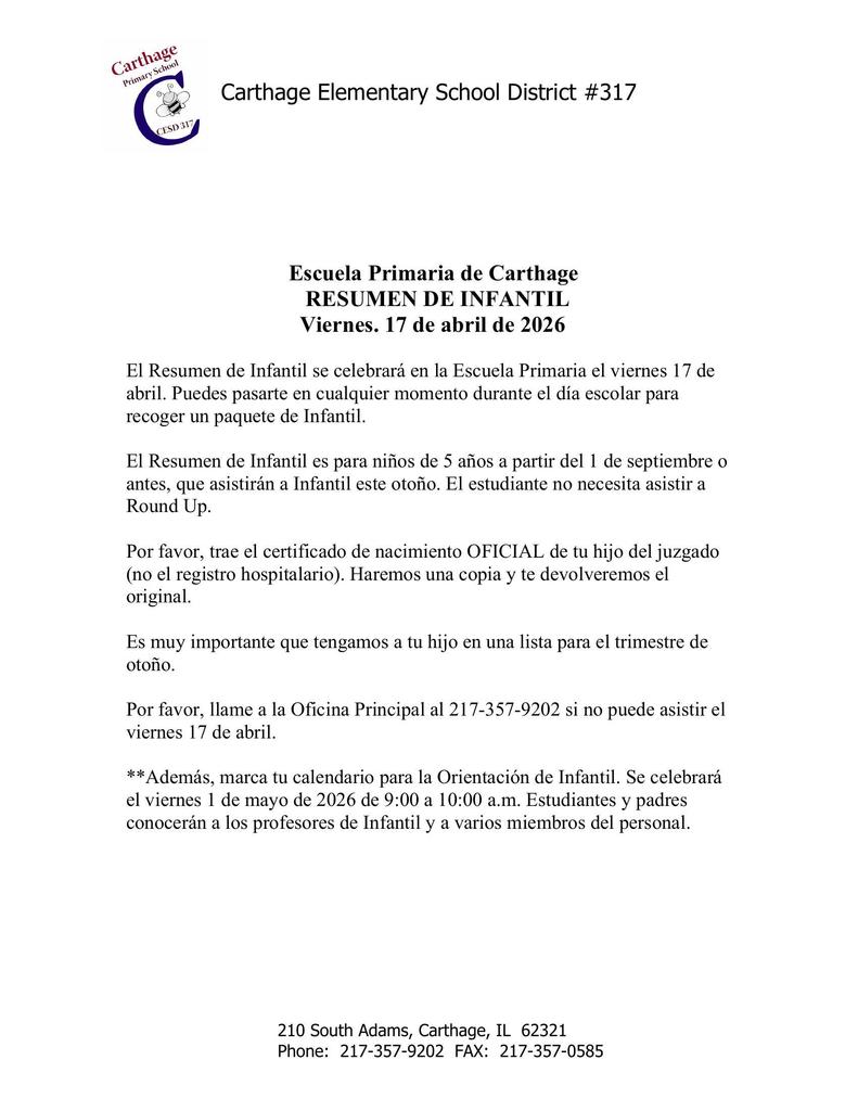 Spanish flyer for Carthage Primary School Kindergarten Round-Up on April 17, 2026. Families can stop by during the school day to pick up kindergarten packets for children age 5 by September 1. Bring an official birth certificate. Orientation is May 1 from 9 to 10 a.m.