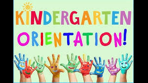 Colorful “Kindergarten Orientation!” banner with bright, playful letters at the top. Below, a row of children’s hands painted in different colors are raised, each with smiling faces drawn on the palms, creating a cheerful and welcoming feel.