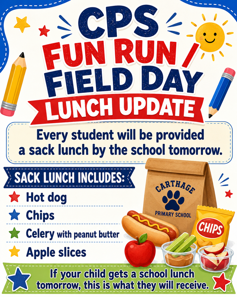 A bright school announcement graphic titled “CPS Fun Run / Field Day Lunch Update.” It explains that every student will be provided a sack lunch by the school tomorrow. The sack lunch includes a hot dog, chips, celery with peanut butter, and apple slices. The graphic includes colorful school themed decorations, pencils, stars, a smiling sun, and illustrations of a lunch bag and food items.