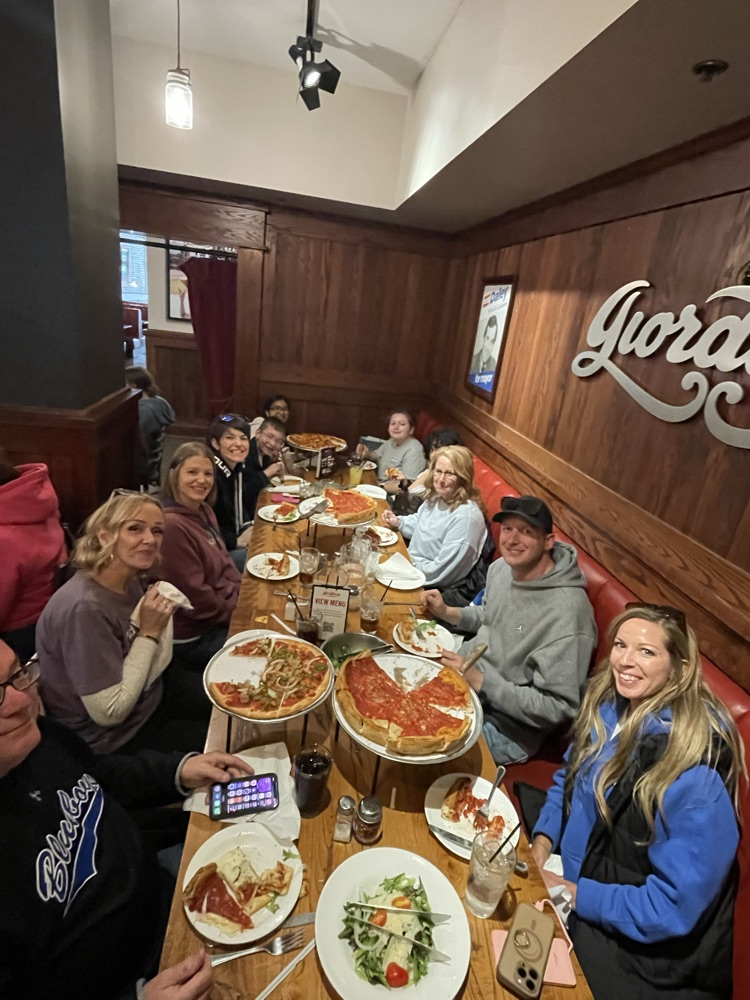 Eating deep dish pizza at Giordano’s 