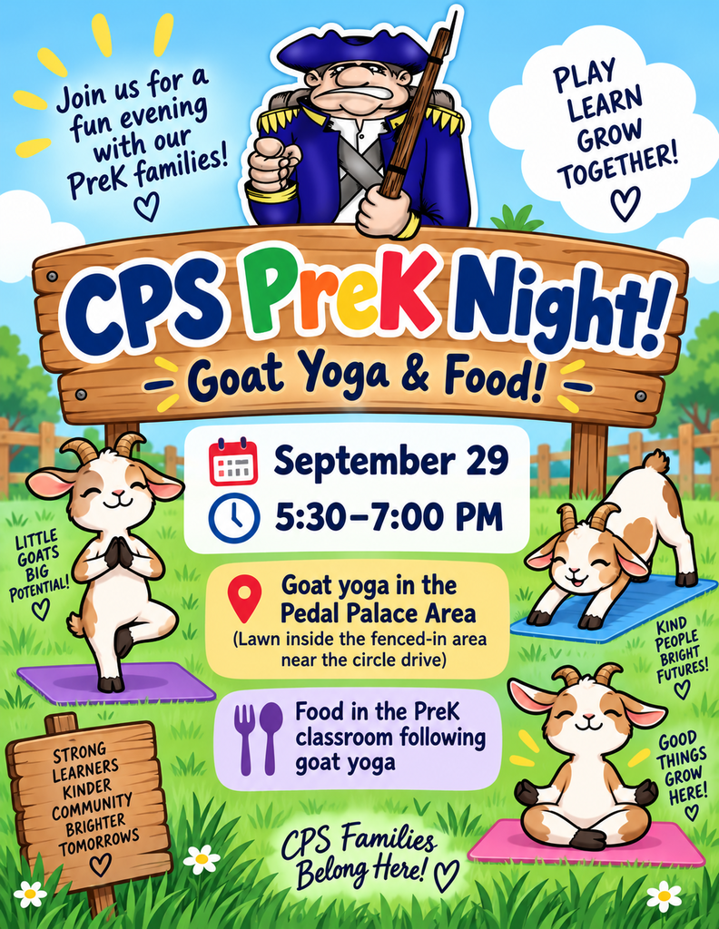 Colorful CPS PreK Night flyer featuring cartoon goats doing yoga. The event is September 29 from 5:30–7:00 p.m. Goat yoga will take place on the lawn inside the fenced Pedal Palace area near the circle drive. Food will be served in the PreK classroom afterward. PreK students and their families are invited.