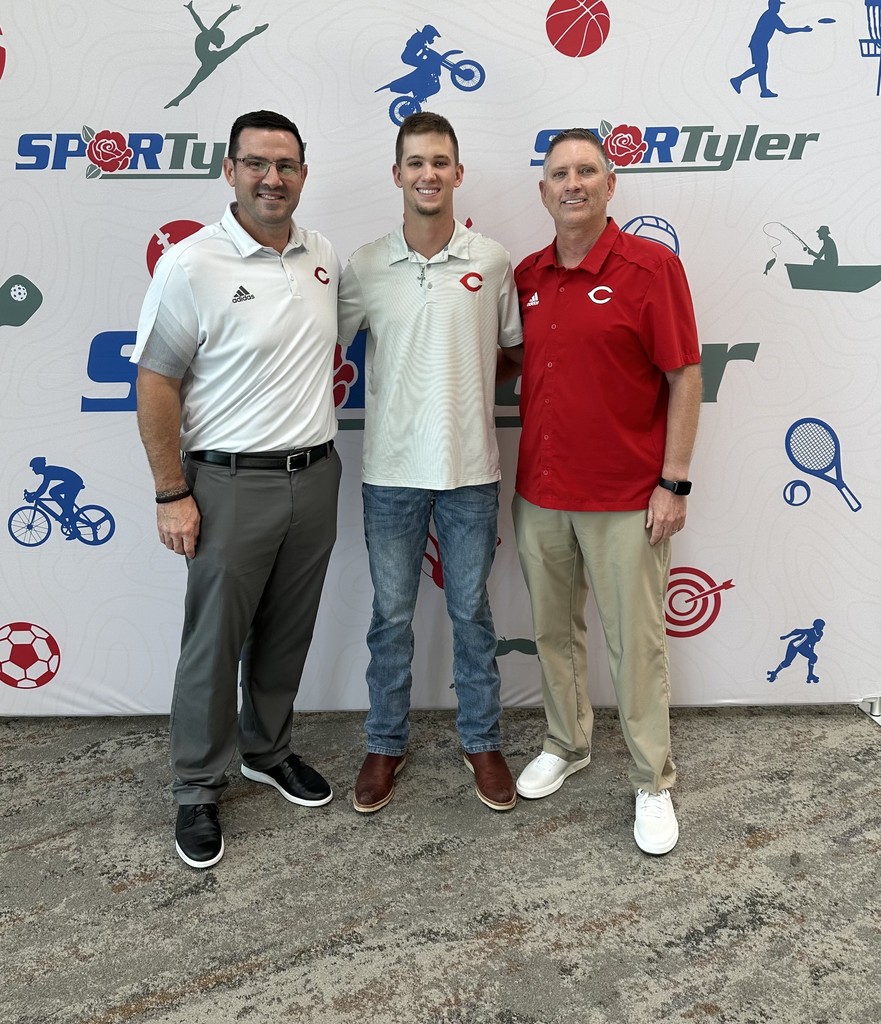 Superintendent Bitter, Jett Surratt, and Coach Surratt at the East Texas Kickoff event in Tyler where Jett was recognized with a scholarship