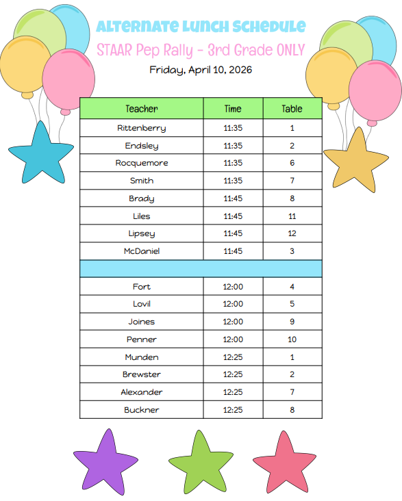 Alternate Lunch Schedule for Friday, April 10