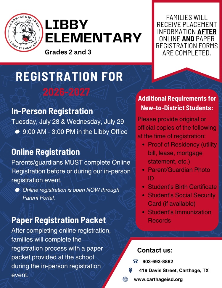 Registration information for the 2026-27 School Year