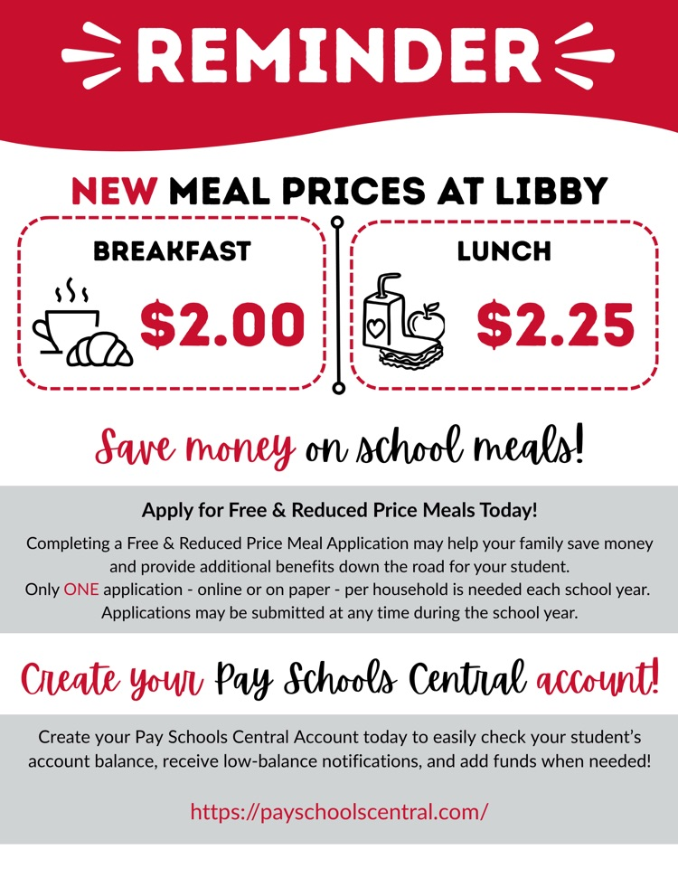 New Meal Prices at Libby - Reminder