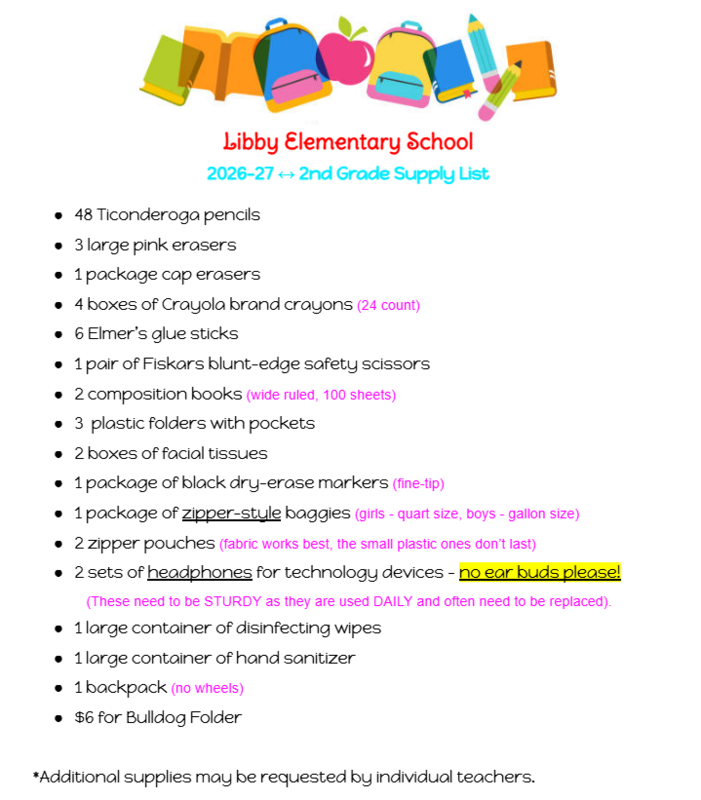 2nd Grade Supply List