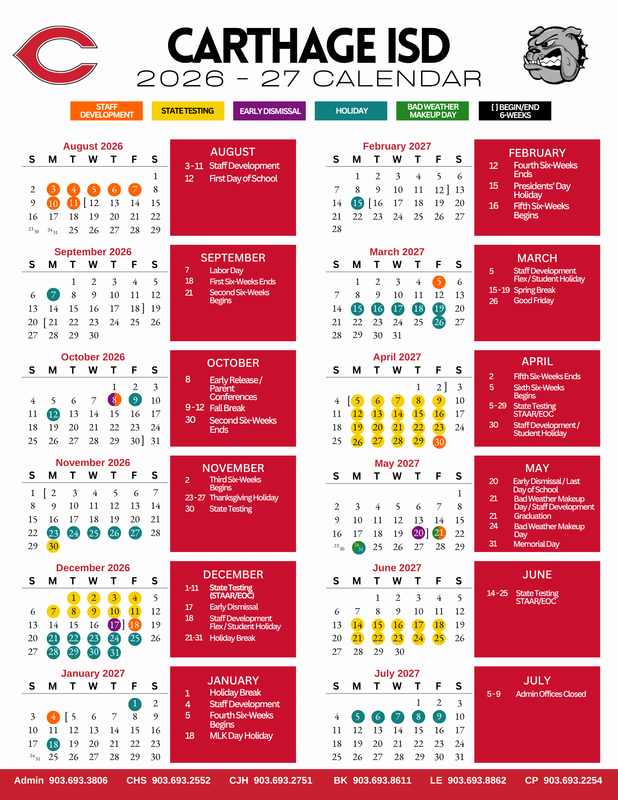 Carthage ISD 2026-27 Calendar