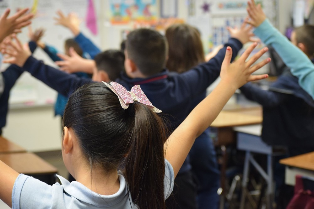 students with their hands up