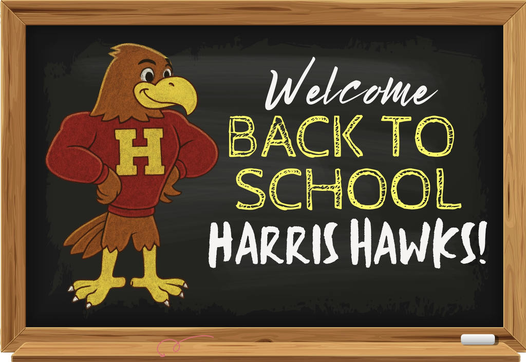 A chalkboard sign that says “Welcome Back” with a hawk mascot and school-themed decorations.