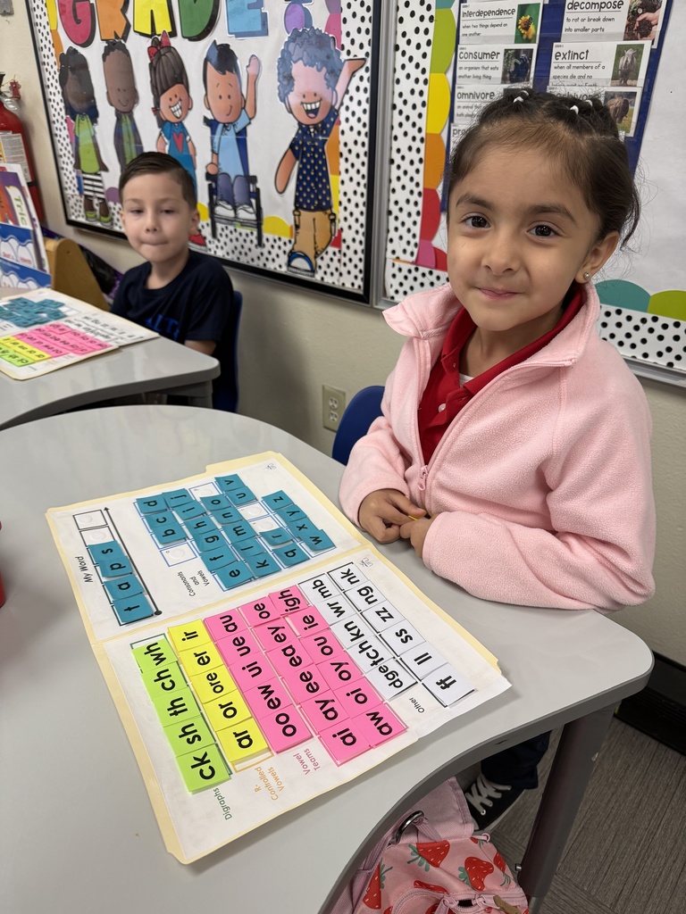 Students working with word mats that include letters, diagraphs, etc.
