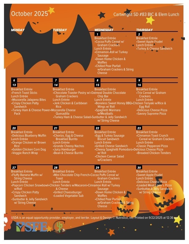 October Breakfast and Lunch Menu, Halloween Themed