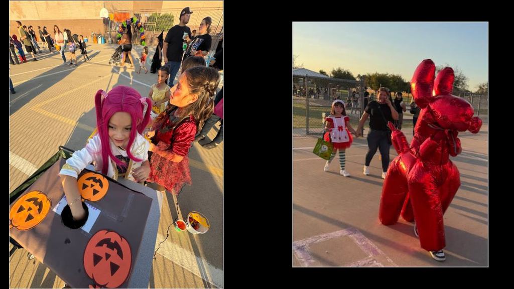 Two images side by side: Mira reaching into a box on the left. A balloon dog walking around on the right.