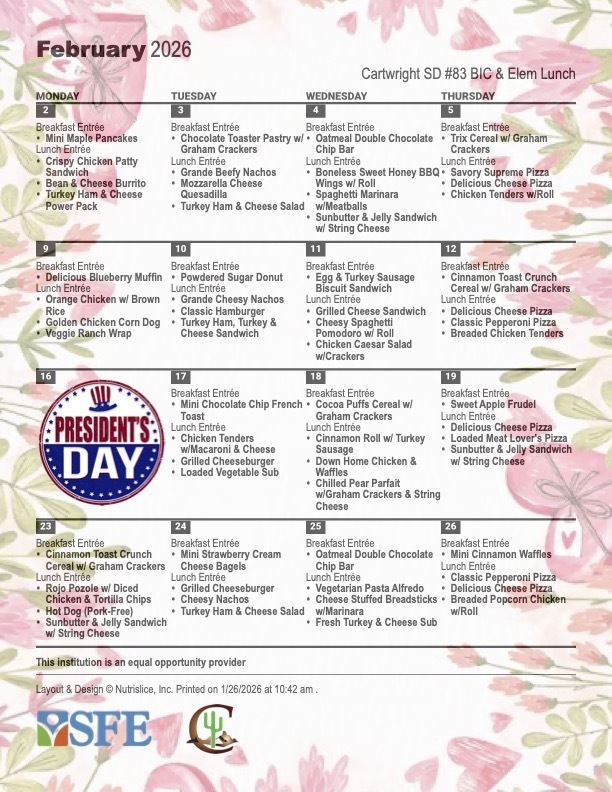 February Breakfast & Lunch Menu