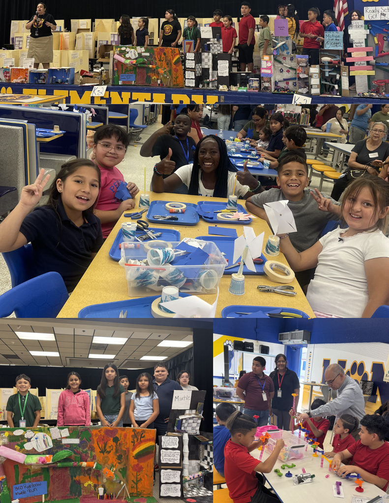 Photo collage of students and parents working on STEM activities such as using straws to build structures, making penny boats, making slime, etc.