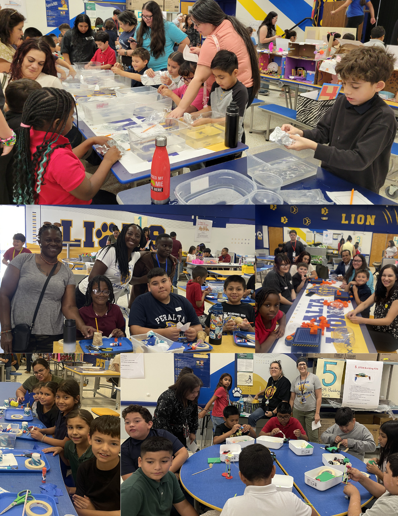 Photo collage of students and parents working on STEM activities such as using straws to build structures, making penny boats, making slime, etc.