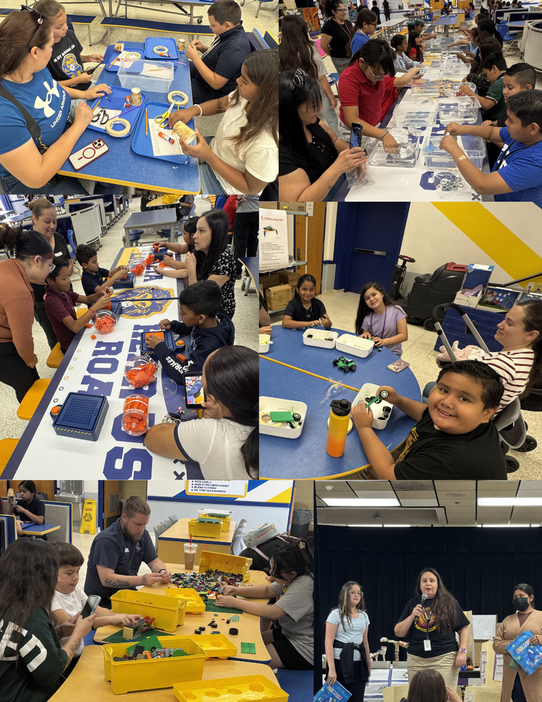 Photo collage of students and parents working on STEM activities such as using straws to build structures, making penny boats, making slime, etc.