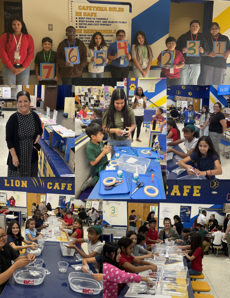 Photo collage of students and parents working on STEM activities such as using straws to build structures, making penny boats, making slime, etc.