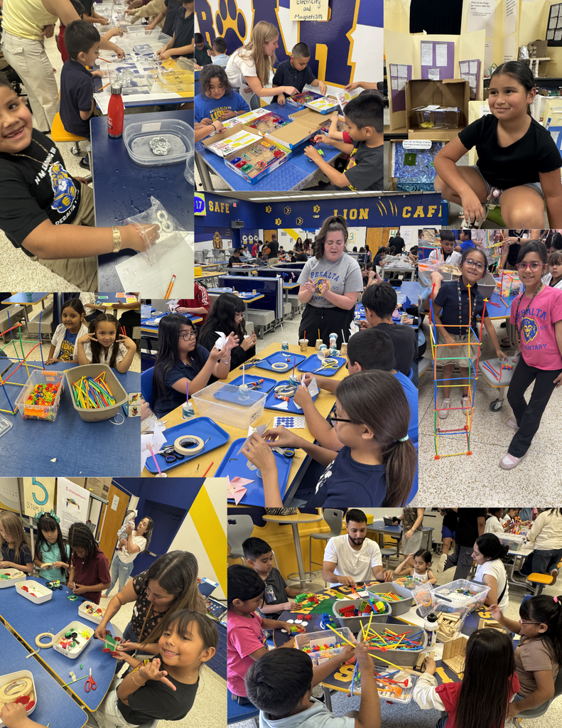 Photo collage of students and parents working on STEM activities such as using straws to build structures, making penny boats, making slime, etc.