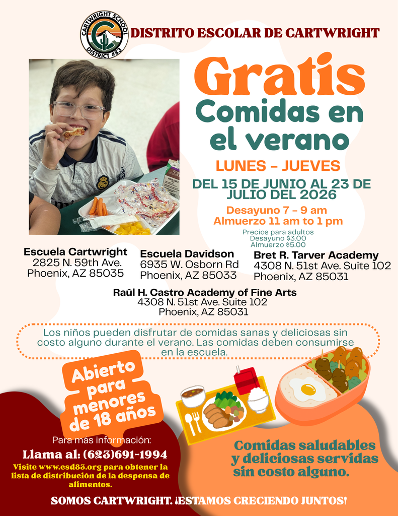 Flyer with information about Cartwright's summer meals. Monday - Thursday breakfast 7-9 am and lunch 11 am - 1 pm