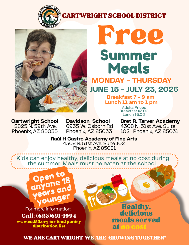Flyer with information about Cartwright's summer meals. Monday - Thursday breakfast 7-9 am and lunch 11 am - 1 pm