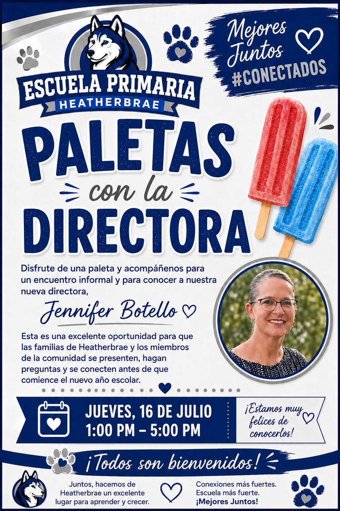 Cool off with a sweet treat and meet Heatherbrae Elementary's new principal, Jennifer Botello! 💙 Stop by for a fun, informal meet-and-greet, ask questions, and help us kick off an amazing school year together.