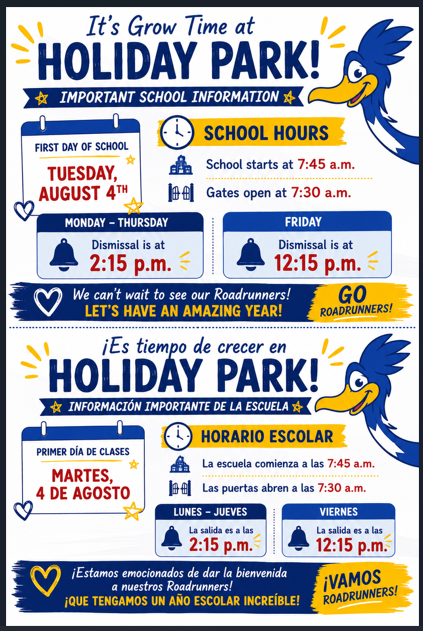 Start and end times for Holiday Park School listed in English and Spanish.