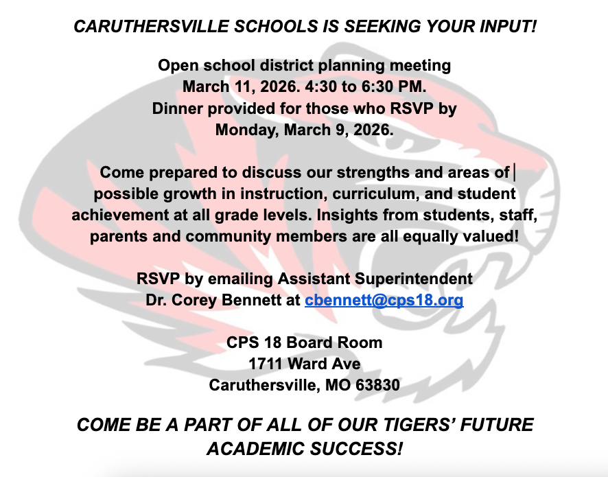 Notification of meeting on March 11, 2026 at 4:30 PM at 1711 Ward Ave. Meeting to discuss student academic strengths and needs at Caruthersville Schools.